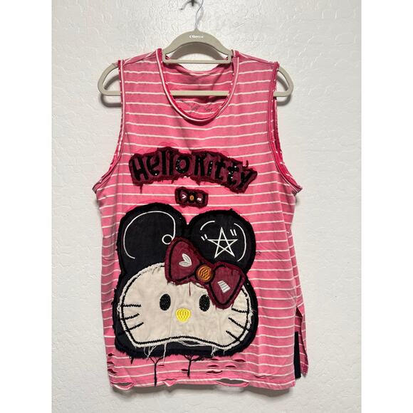 Hello Kitty Korean Mineral Wash Embroidery Sequence Sleevless Long Stripe Shirt - Picture 1 of 4